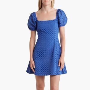 Blue Embroidered Eyelet Mini Dress